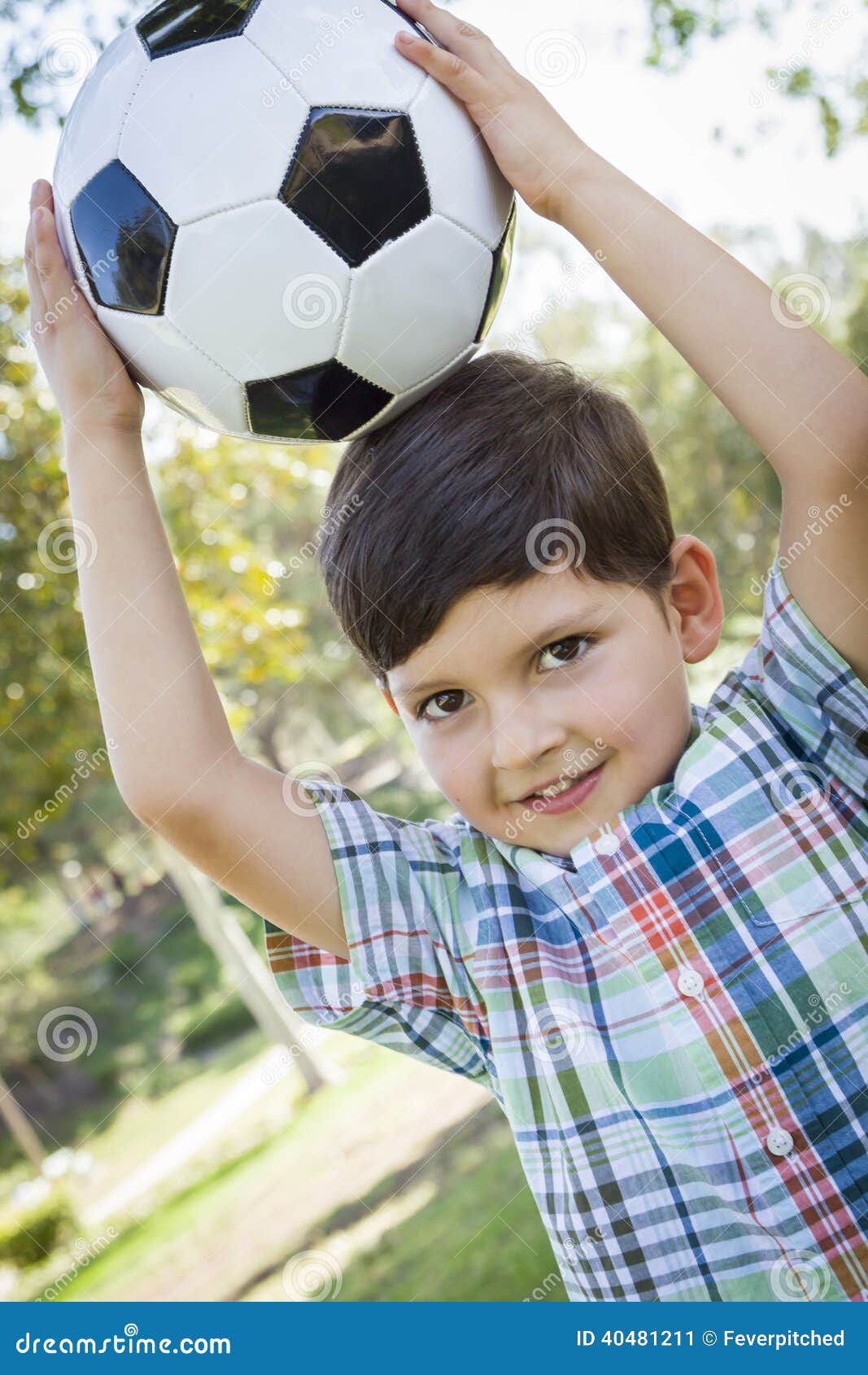 Cute Young Boy Playing With Soccer Ball In Park Stock Image Image of