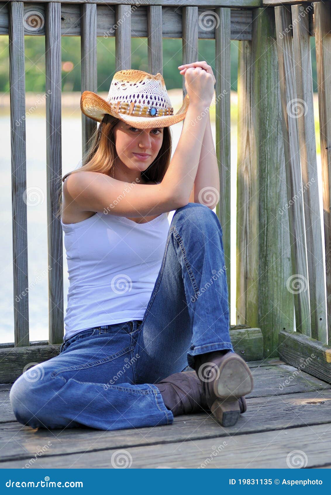 Cute Young Country Girl Sitting on a Deck Stock Image - Image of beauty ...