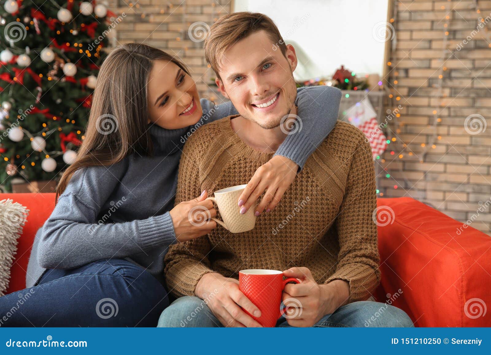 cute couple christmas tree, couple drinking hot chocolate under