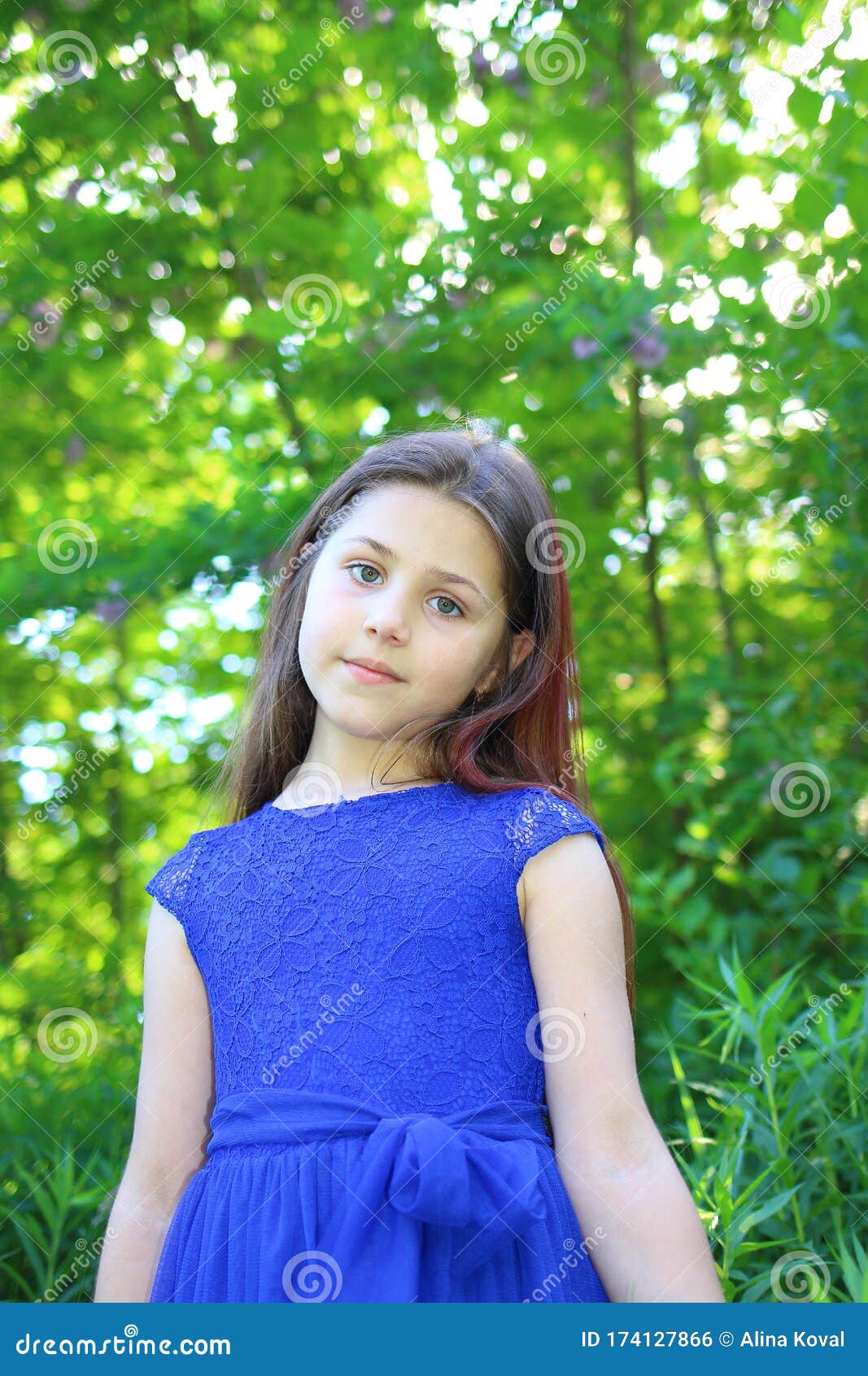 Cute Young Girl in a Blue Dress in Nature Stock Photo - Image of cute ...