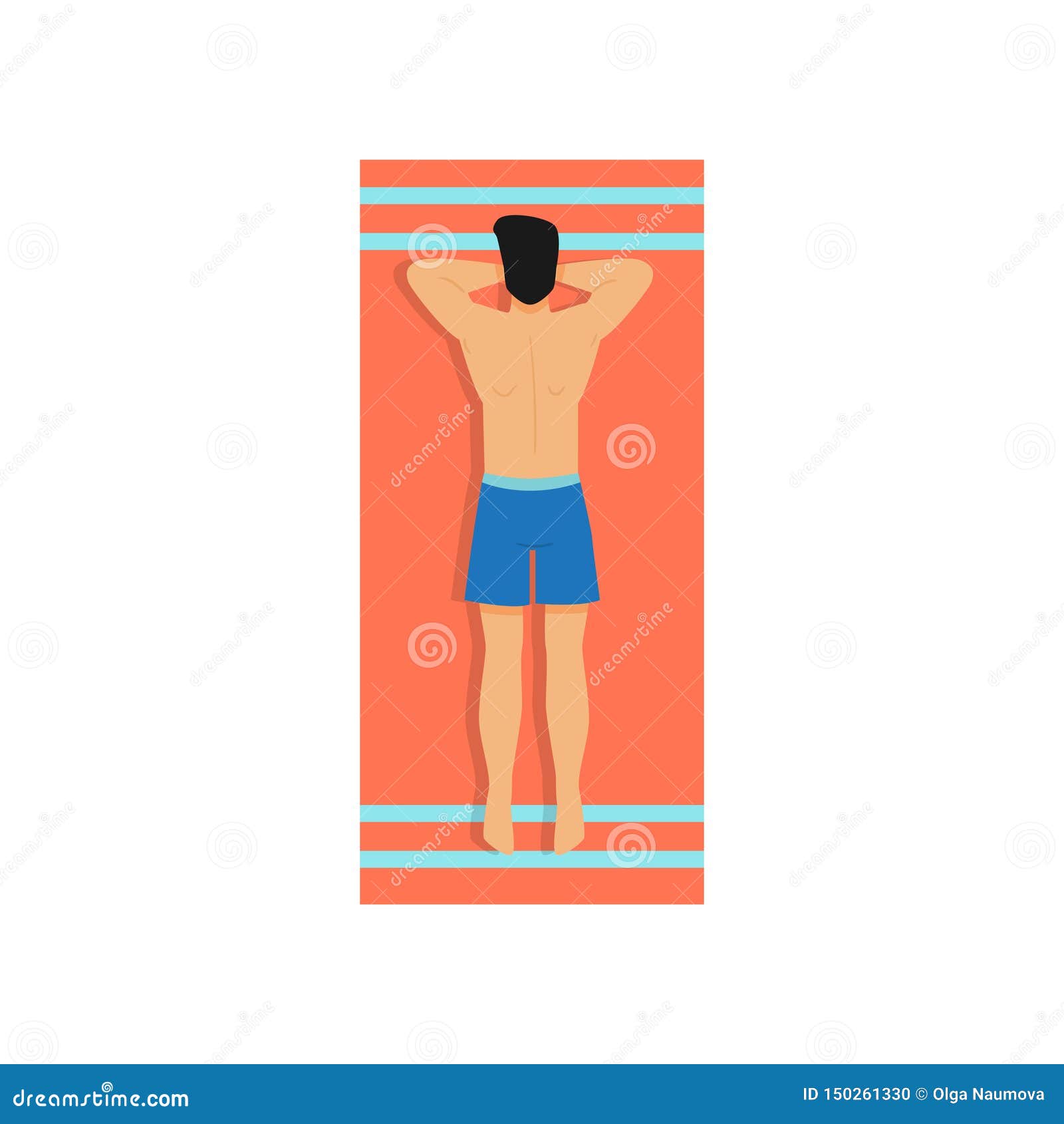 cute young man in blue shorts take sunbathing on beach