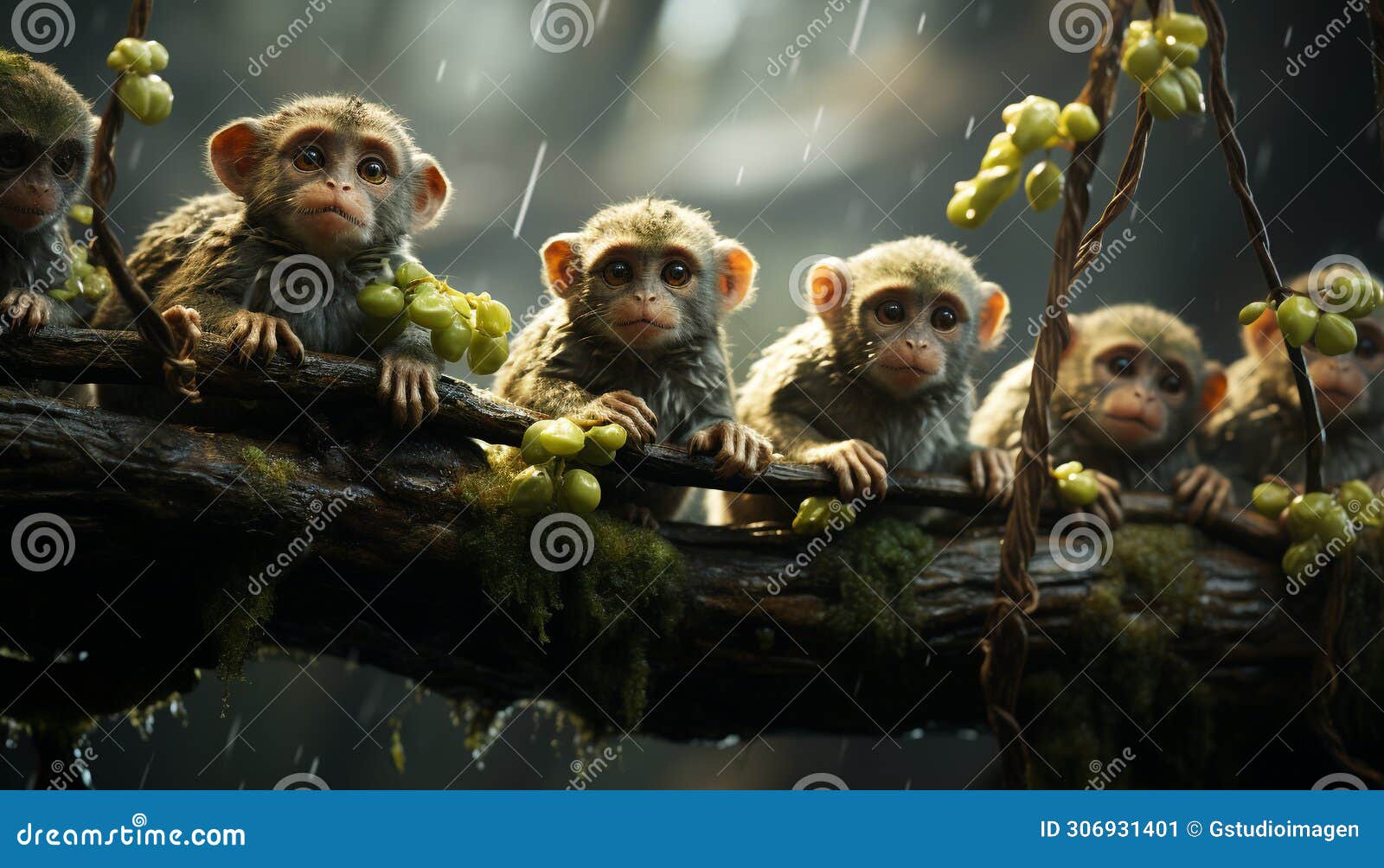 cute young monkey sitting on branch, eating in tropical forest generated by ai