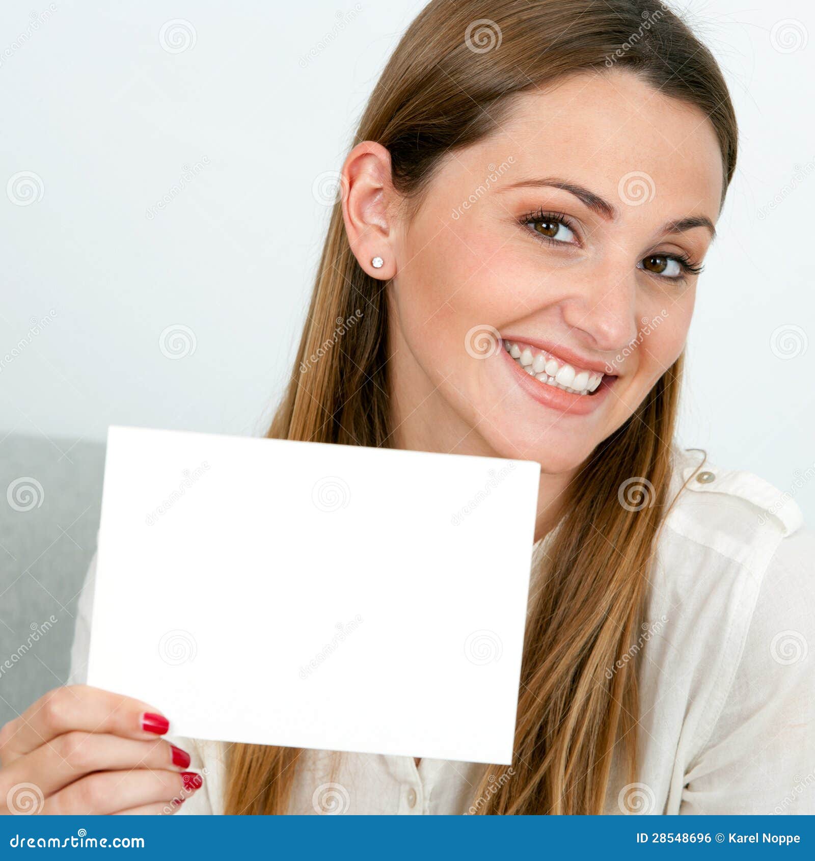 Cute Young Woman Holding Blank Card. Stock Photo Image of holding