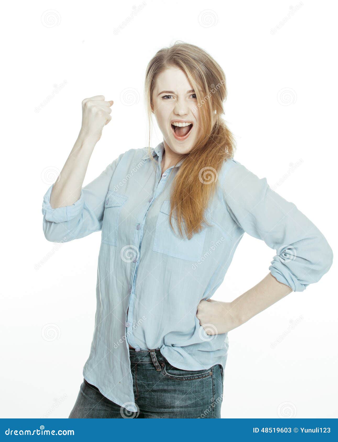 cute young woman making cheerful faces on white