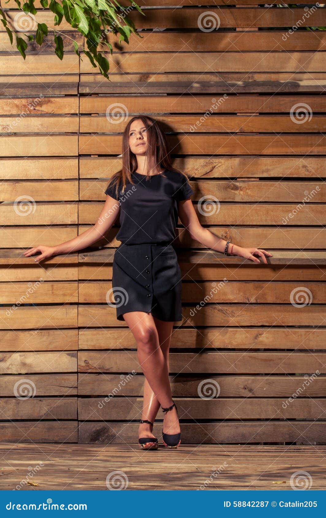 Cute Young Woman Posing On Wood Fence Background Stock Image Image Of