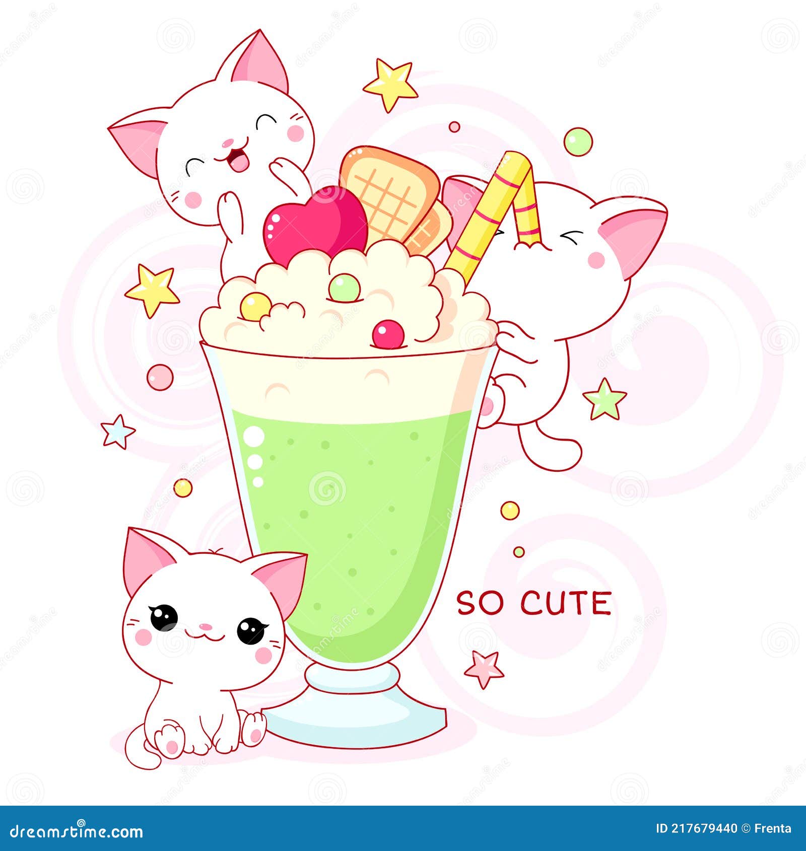 Cute Yummy Card in Kawaii Style. Three Lovely Cats with Mint Cocktail ...