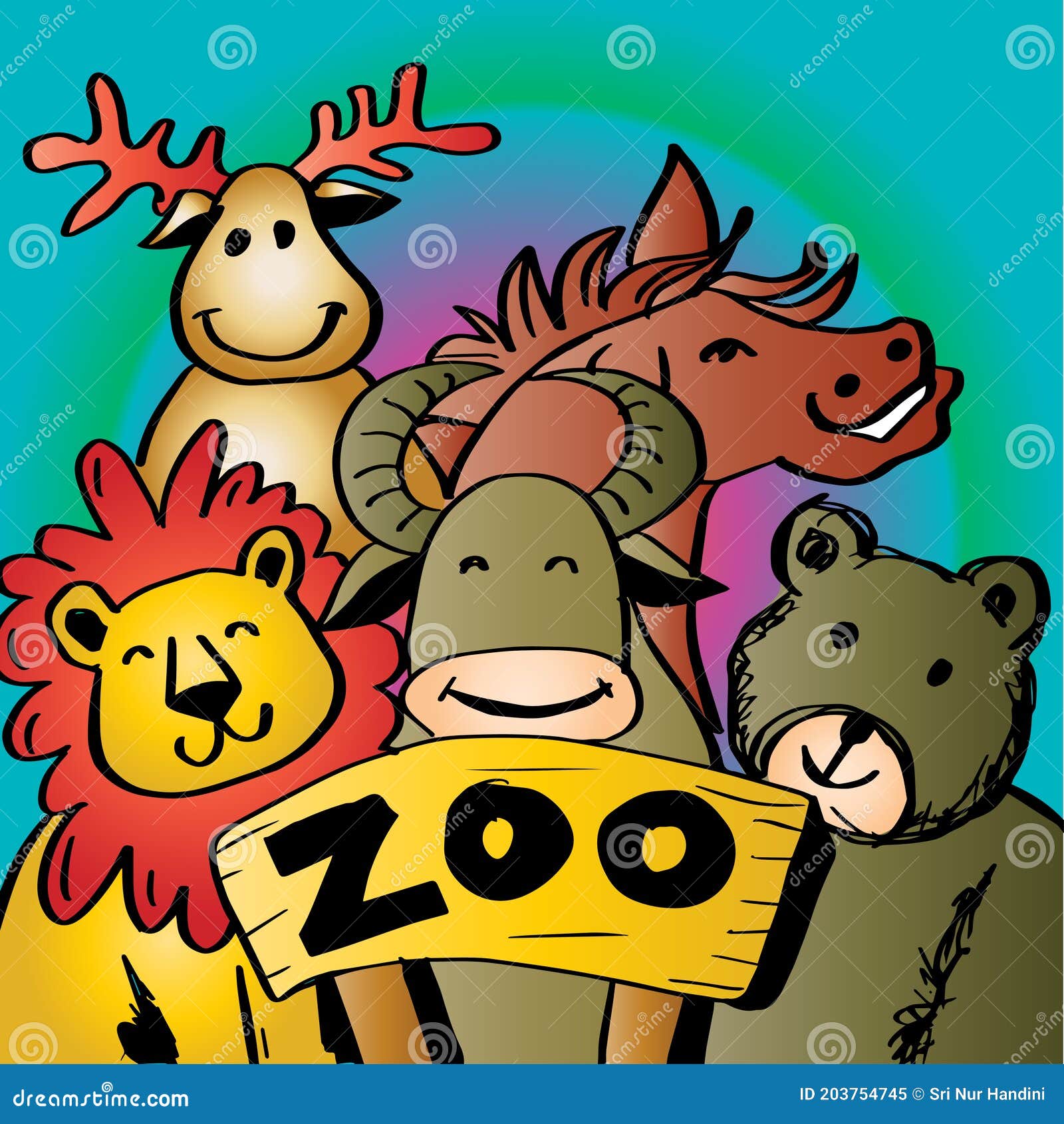 Cute Zoo Animals Vector Illustration, Line Art Hand Drawing Stock Vector -  Illustration of poster, character: 203754745