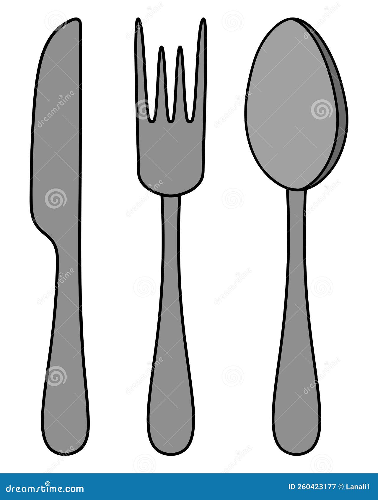 Cutlery. Knife, Fork and Spoon Set of Silver Table Setting Tools in Cartoon Style Stock Vector