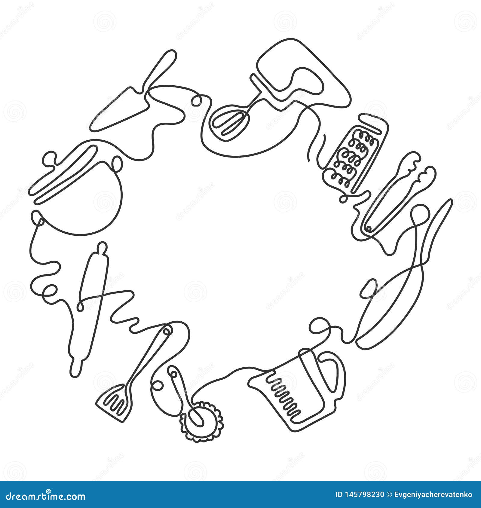 Cutlery Line Art Background. One Line Drawing of Different Kitchen