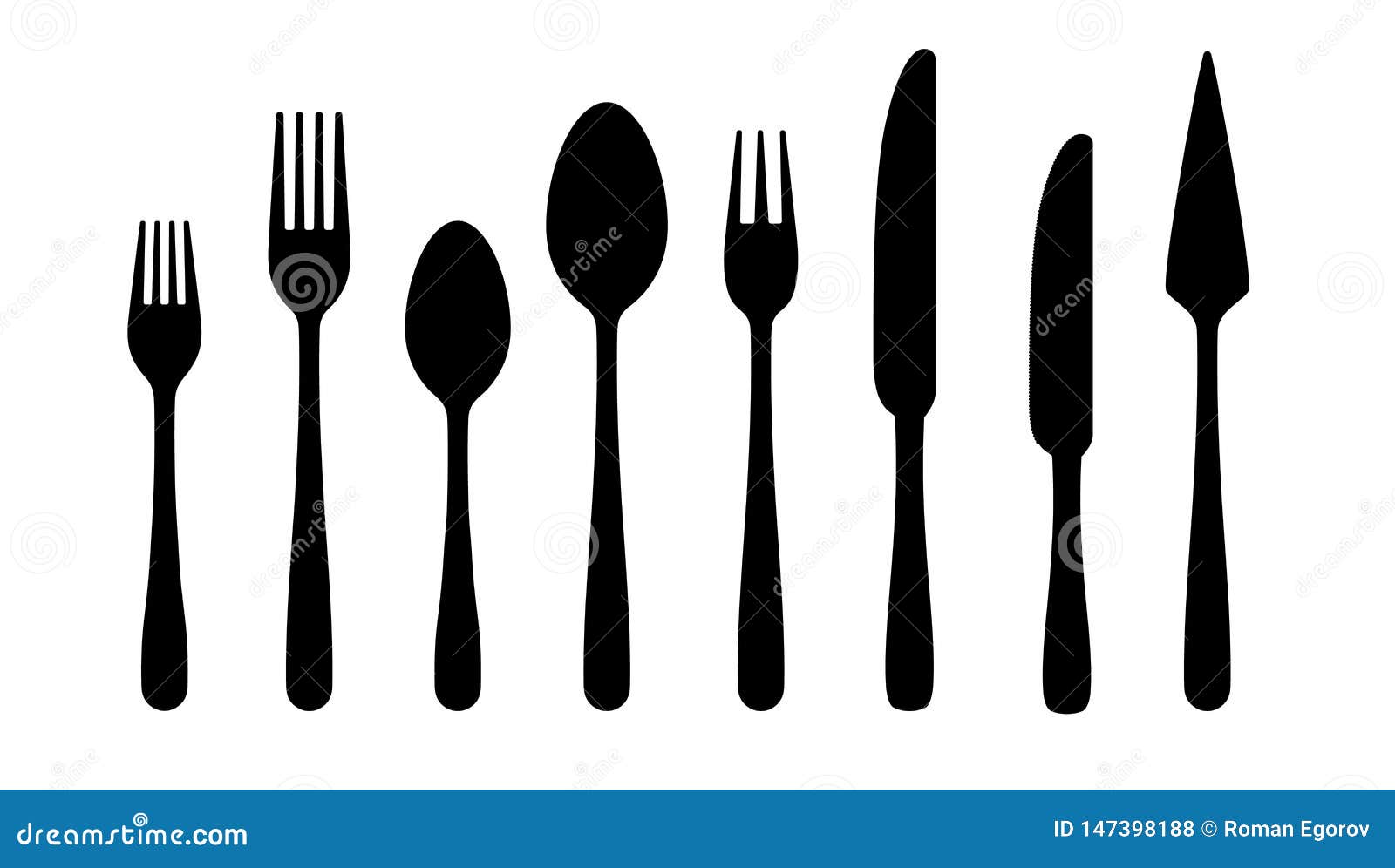 cutlery silhouettes. fork spoon knife black icons, silverware silhouettes on white background.  cutlery set