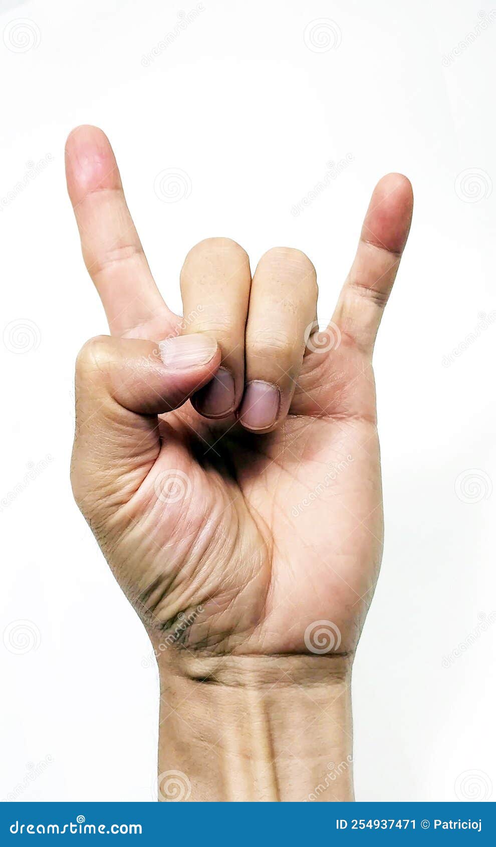 Cutout Shot of a Hand Holding Up Hook `em Horns Sign. Fingers with