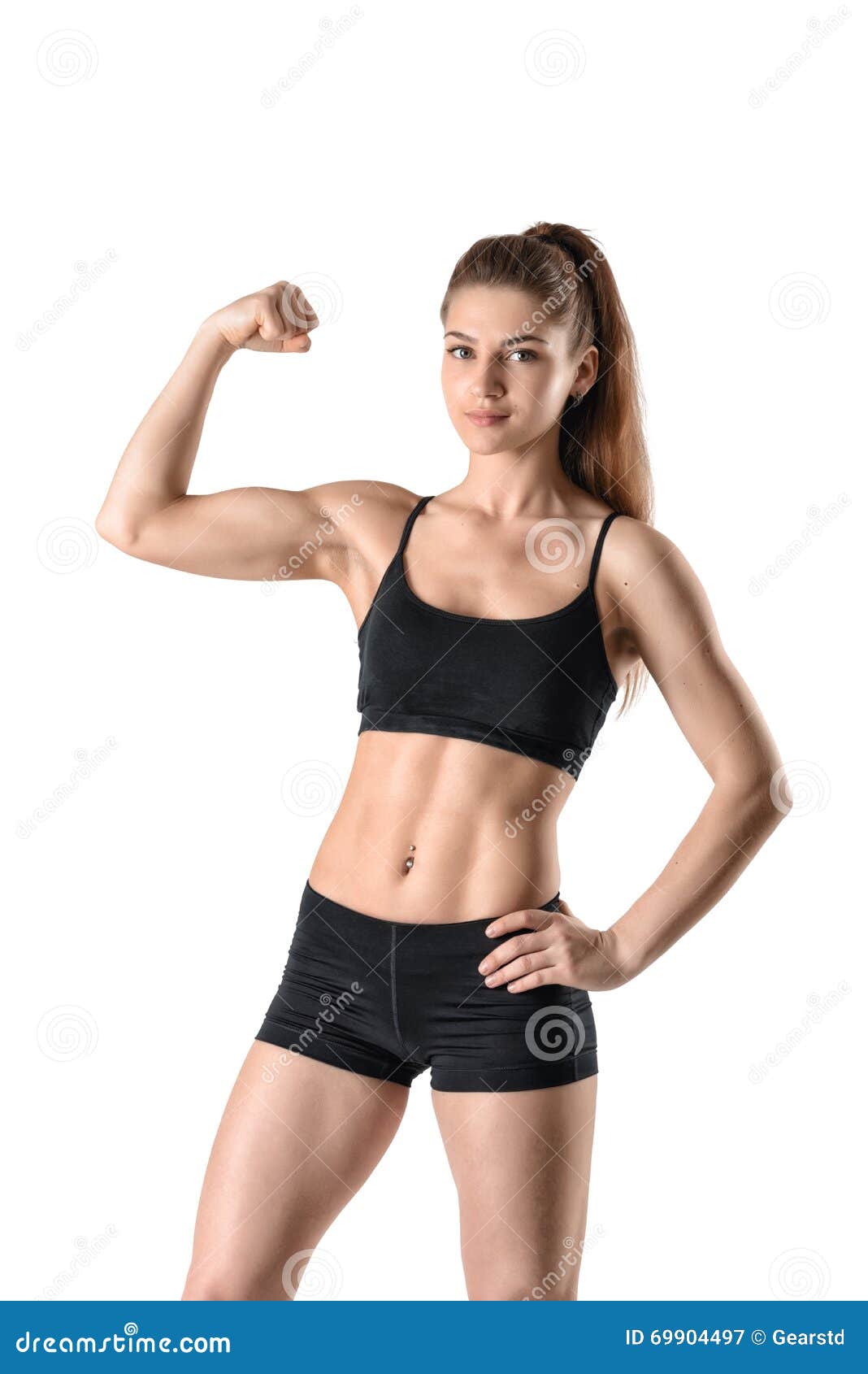 Cutout Portrait of Young Strong Muscular Woman Flexing Her Biceps