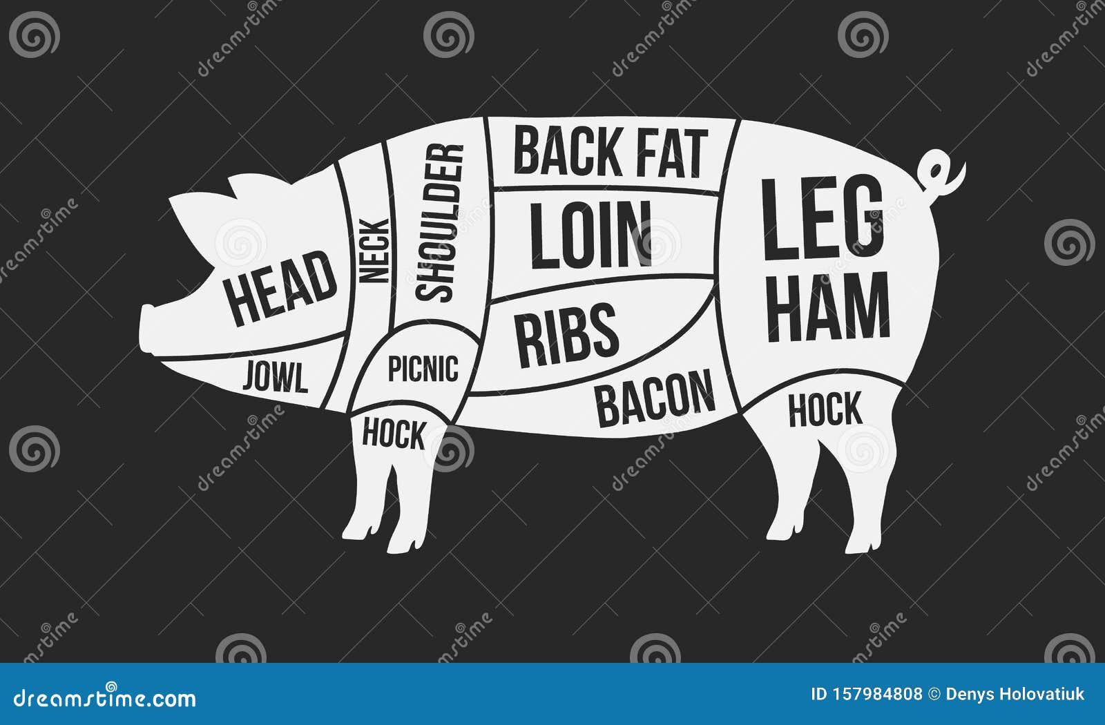 cuts of pork. meat cuts. pig silhouette  on black background. vintage poster for butcher shop. retro diagram.  illus