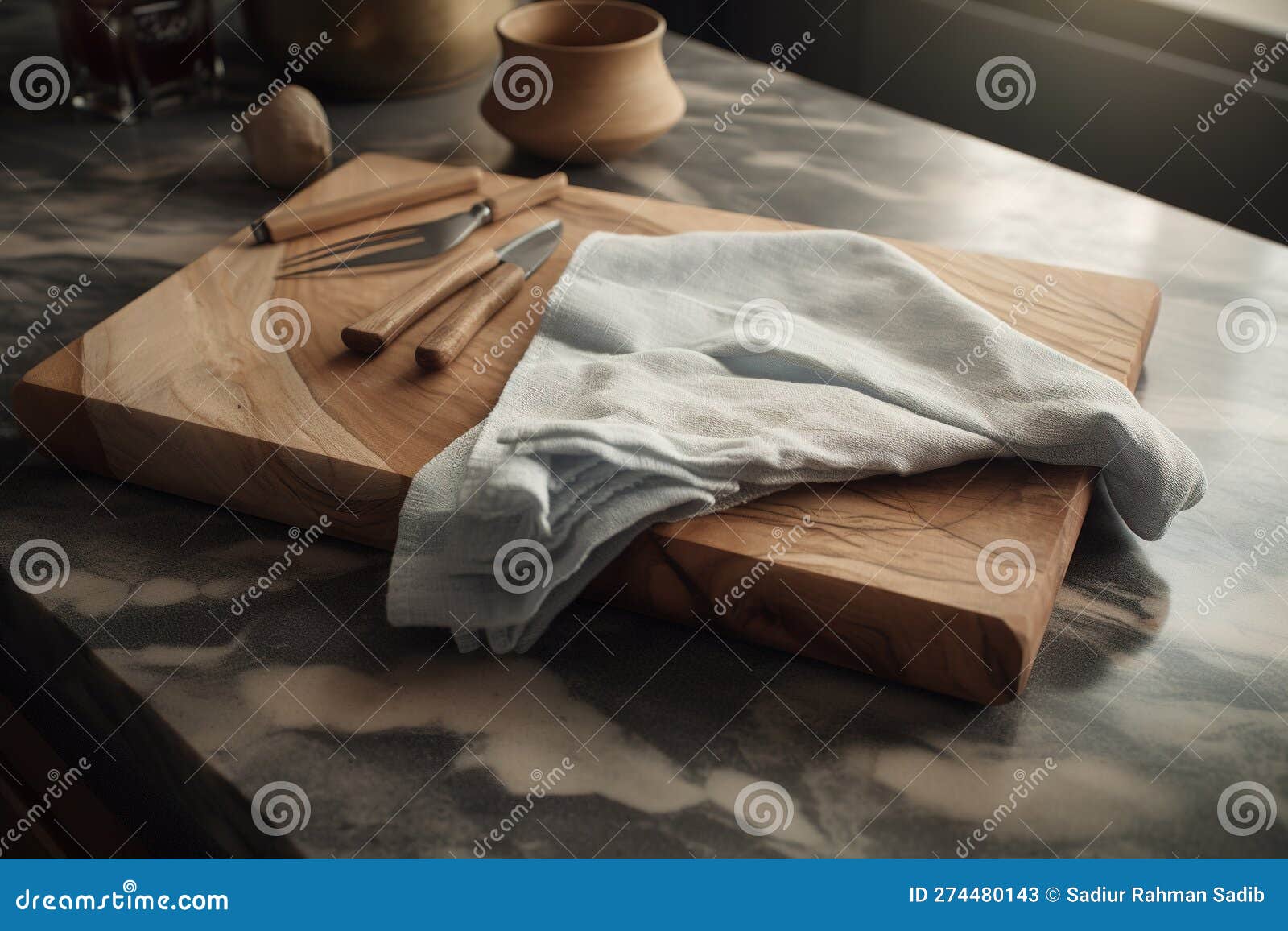 Cutting Board with Kitchen Utensils on White Marble Countertop. Stock
