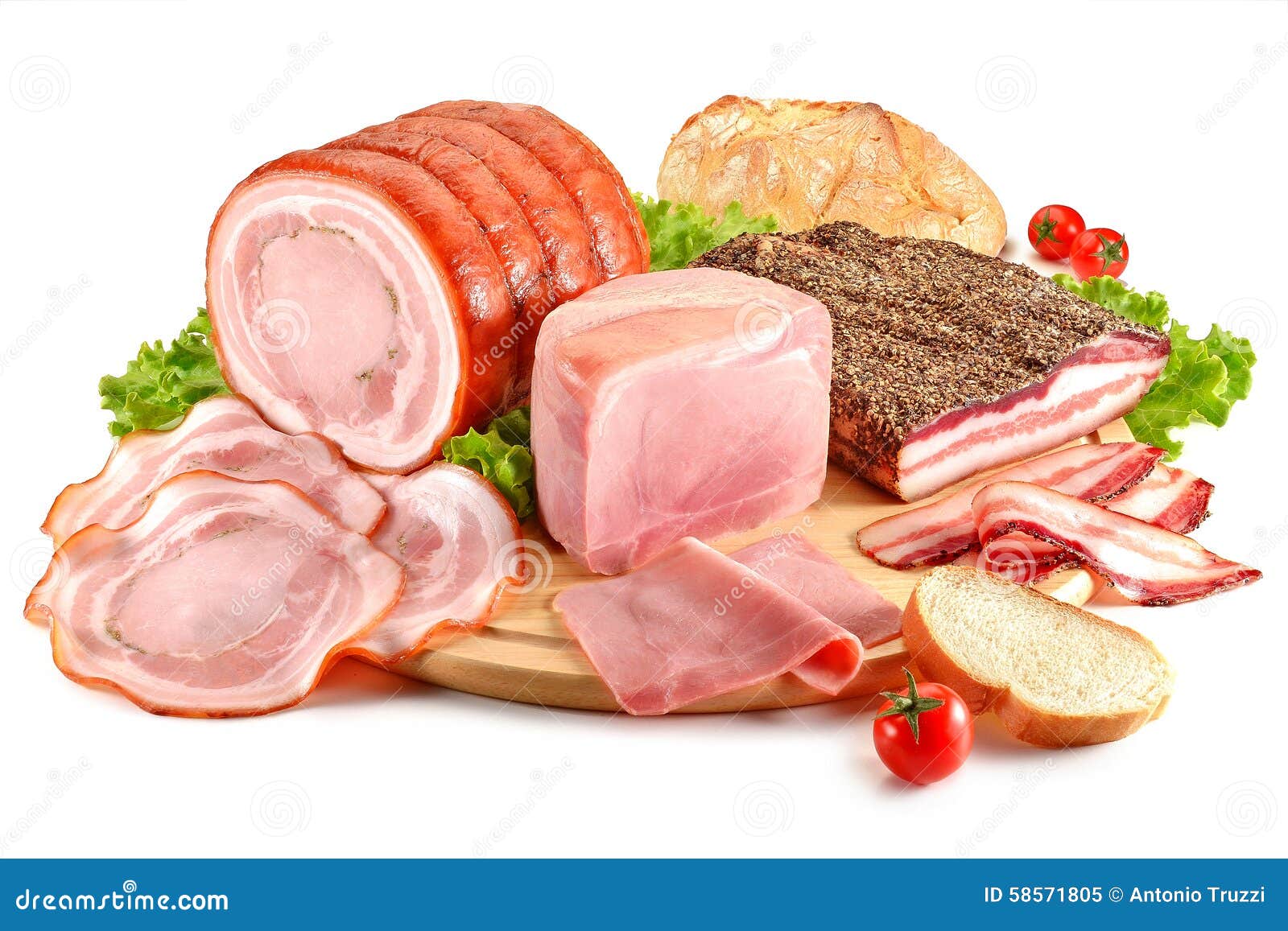 Cutting Board with Pork, Bacon, Ham and Bread Stock Image Image of