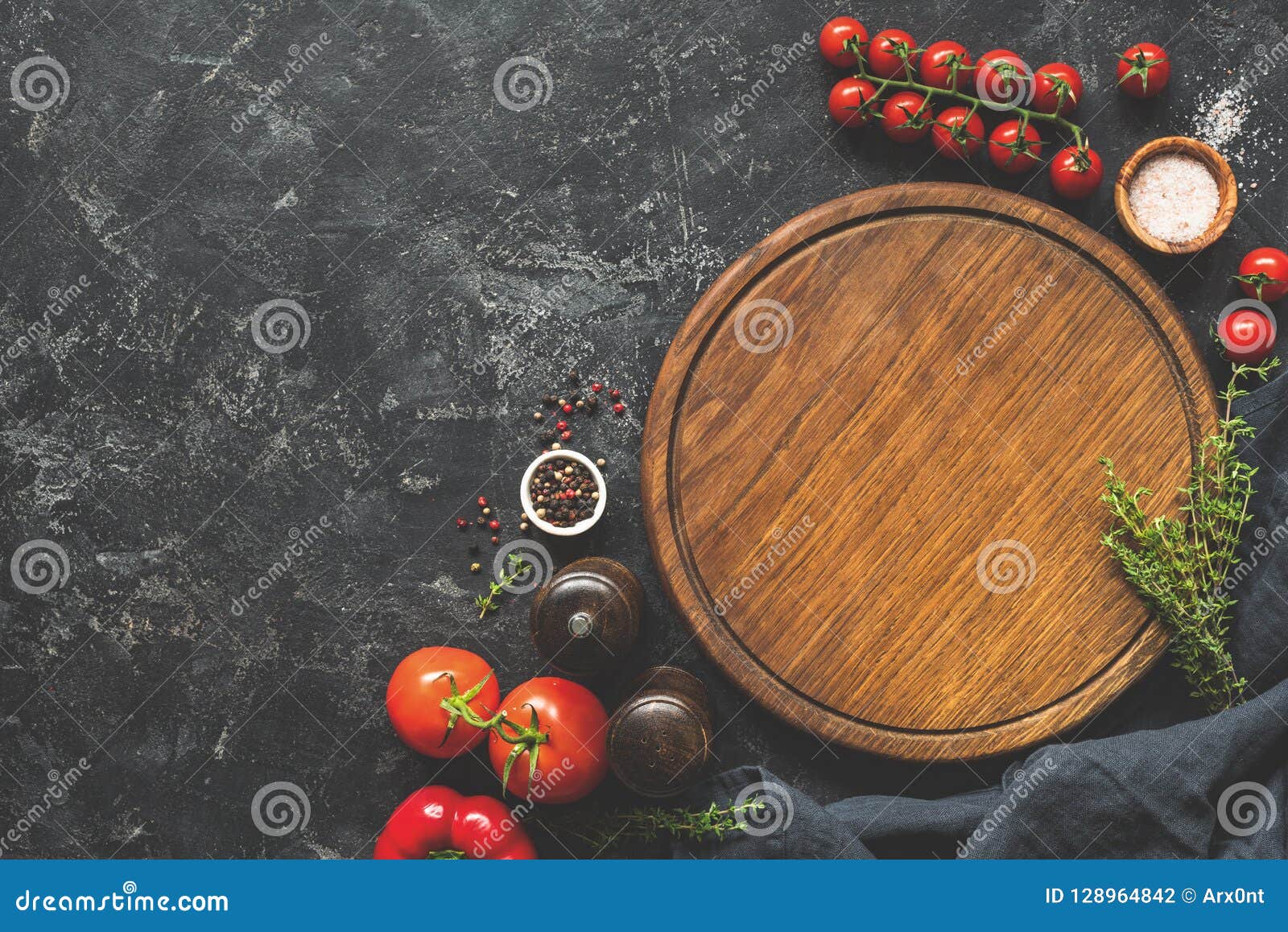 Cutting Board, Spices and Vegetables for Cooking. Food Background Stock ...
