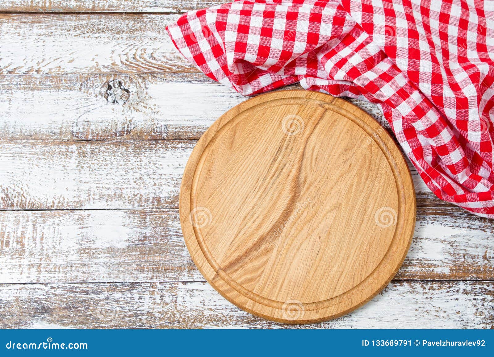 Cutting Desk and Red Checkered Wrinkled Tablecloth on Table, Holiday