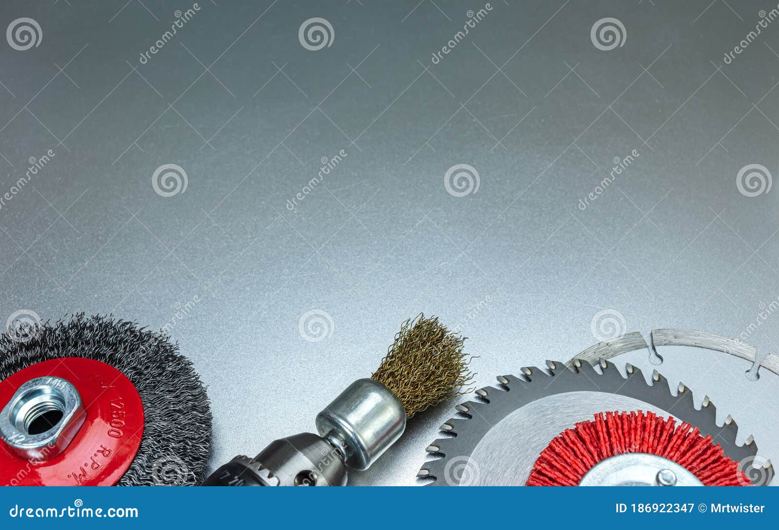 Cutting Disc with Different Wire Brush Disks on Grey Metal Surface Stock Image Image of