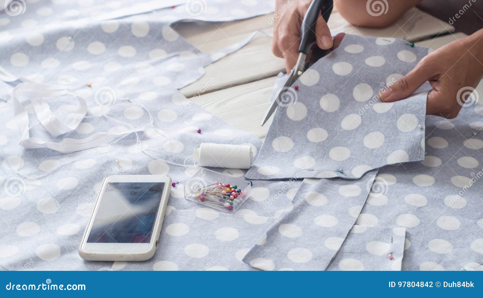 Cutting Fabric Polka Dot Sewing the Pattern Stock Photo Image of