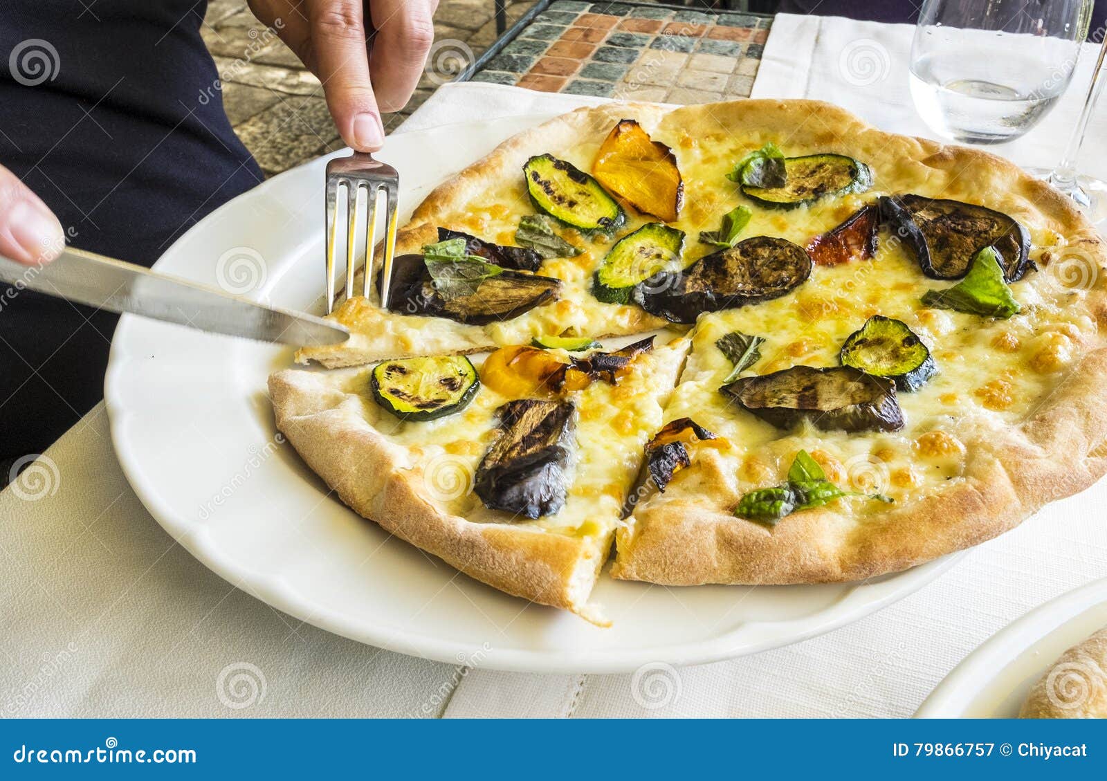 Cutting a Grilled Vegetable Pizza Stock Image Image of fork, pepper
