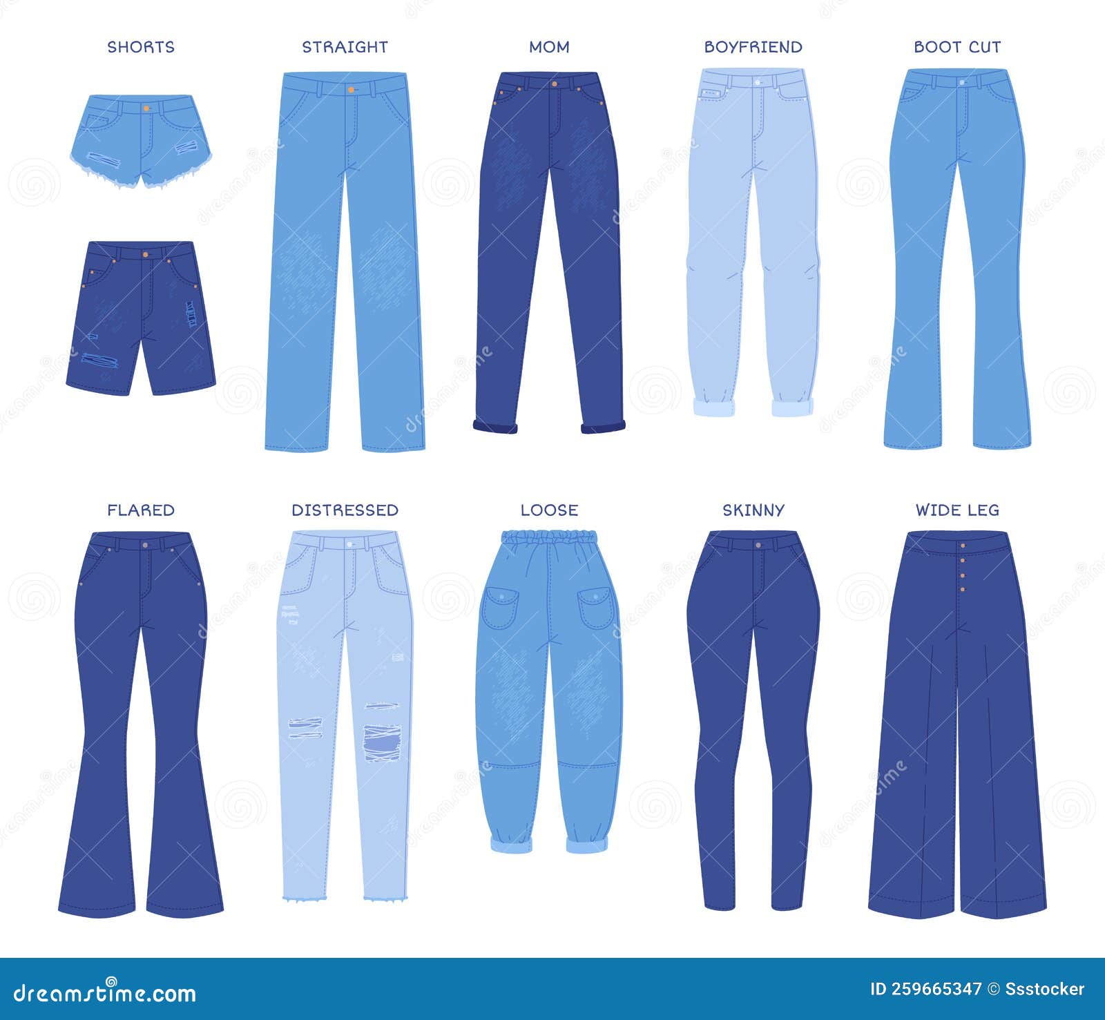 Different Pants Style. Blue Jeans Set Isolated on White Background with  Copy Space. Top View and Mock Up Clothes Stock Image - Image of attire,  garment: 254920441