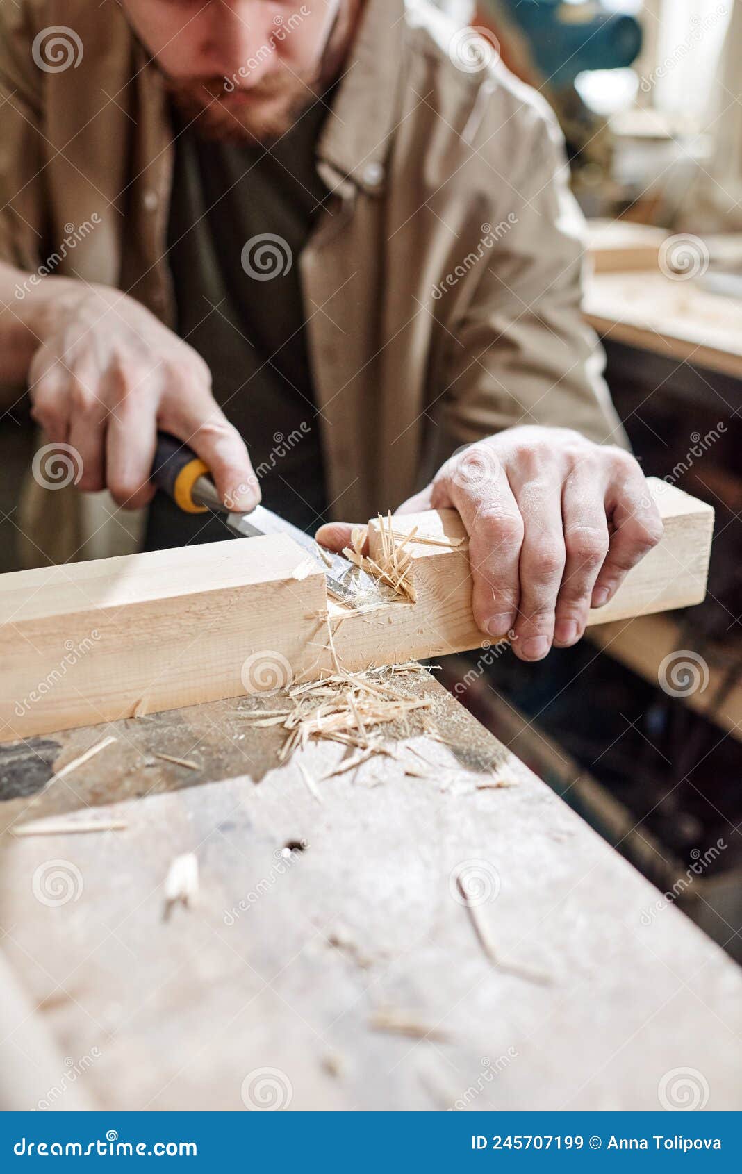 Cutting Mortise in Wooden Plank Stock Image Image of carpentry, shape 245707199