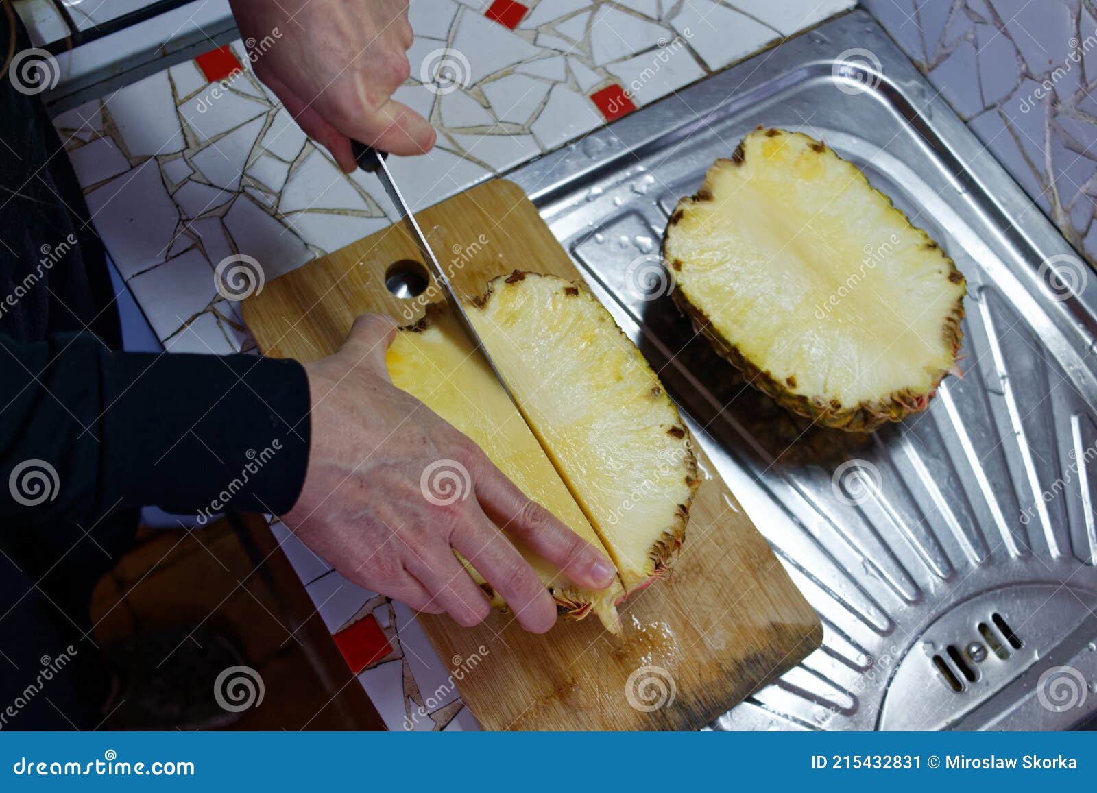 Cutting of Pineapple Using Knife Stock Image Image of woman, sink