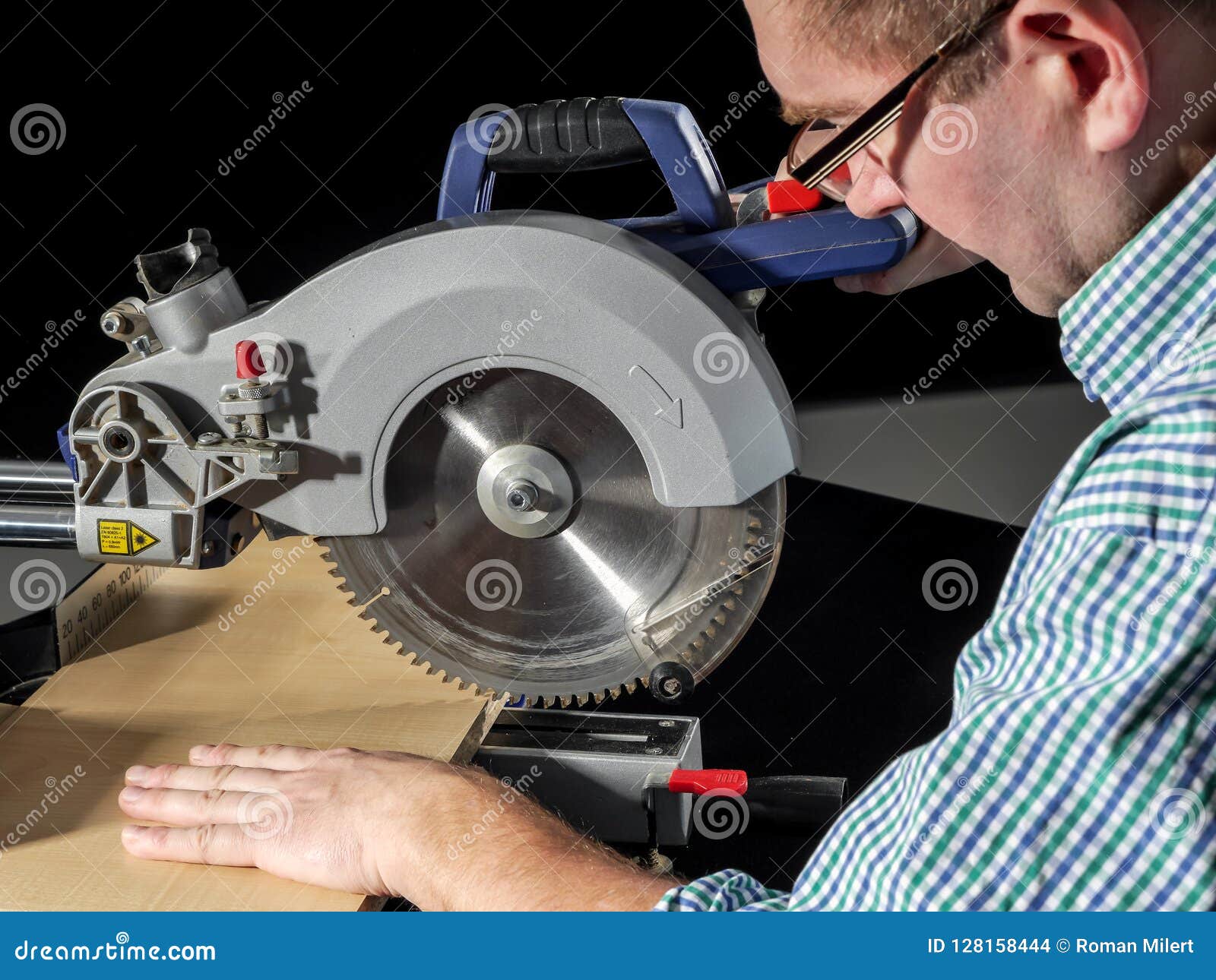 Cutting Plank with Mitre Saw Stock Photo Image of compound, industry