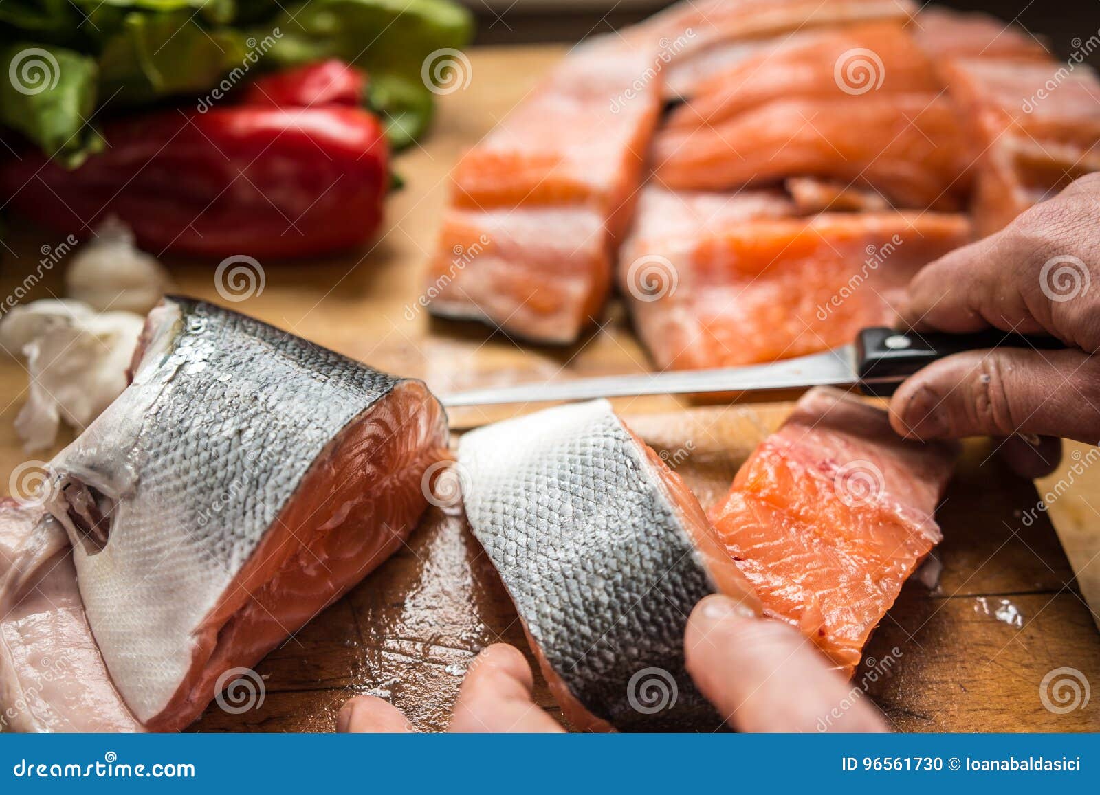Cutting Salmon Fresh Fish for Dinner Stock Photo Image of diet