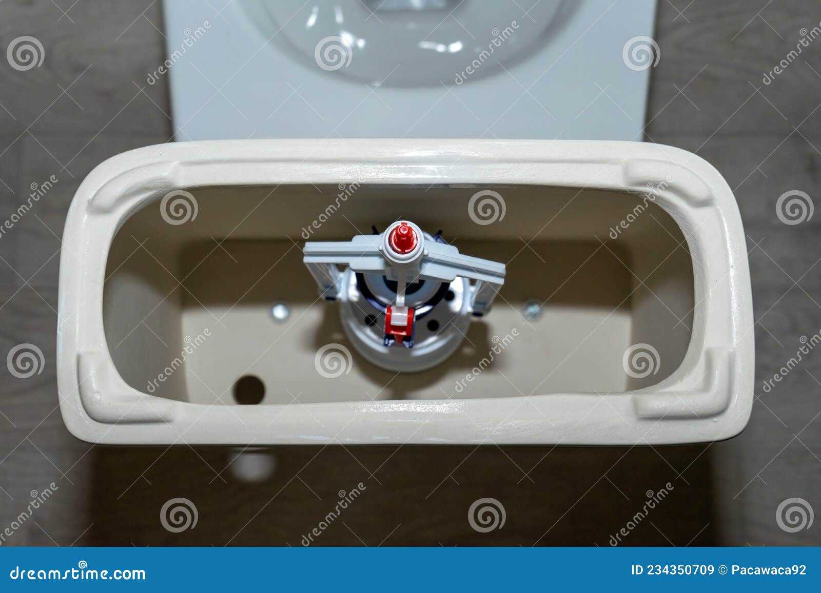 Cuve De Toilette Blanche Avec Couvercle Ouvert Et Système De Chasse.  Système D'évacuation Des Toilettes En Plastique Image stock - Image du  blanc, plombier: 234291143