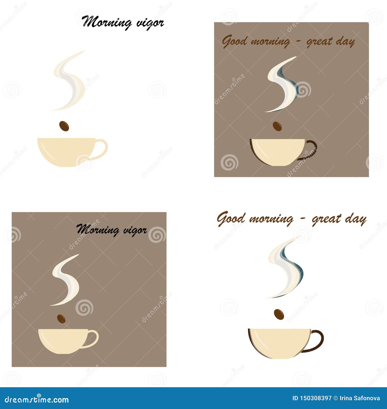 Cup of Fresh Coffee. Vector Illustration. Flat Style. Decorative Design for Cafeteria, Posters, Banners, Cards. set of four images with text and different backgrounds