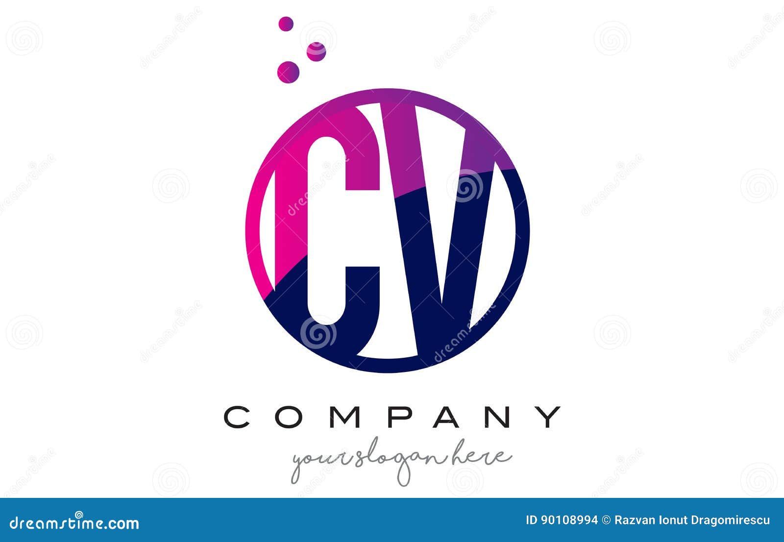 cv c v letter logo design with magenta dots and swoosh stock vector cv logo