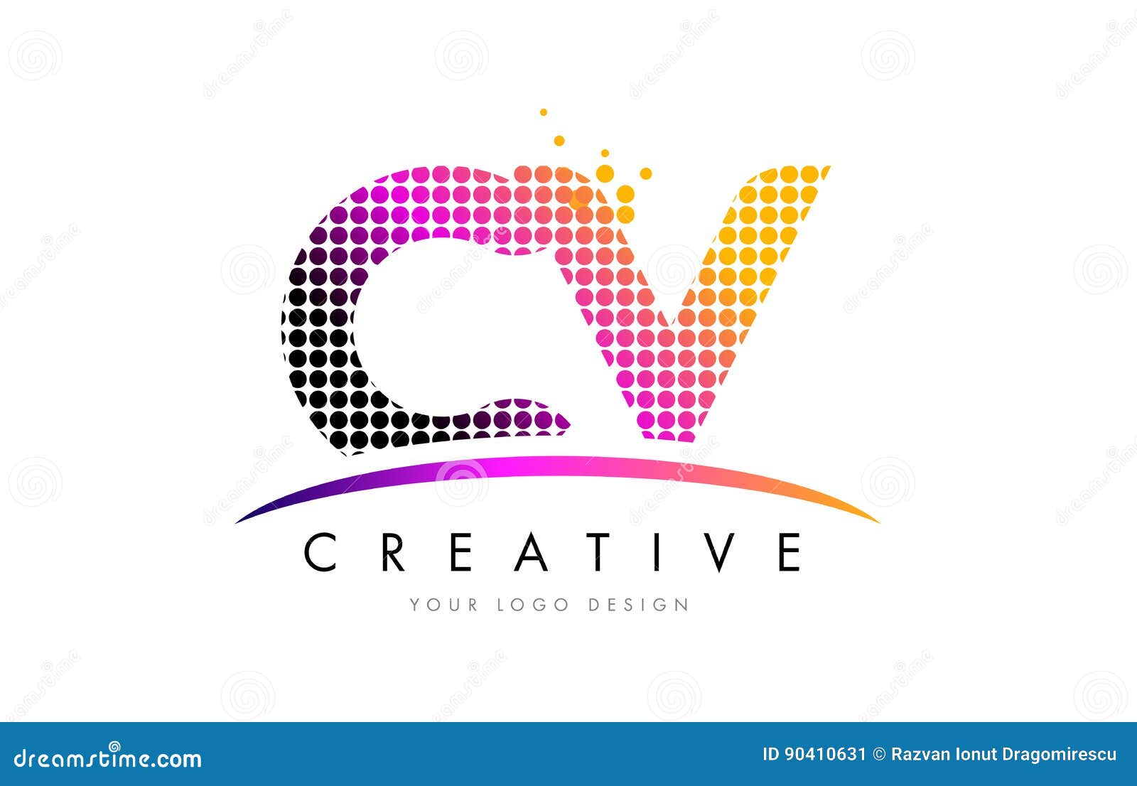 cv c v letter logo design with magenta dots and swoosh stock vector cv logo