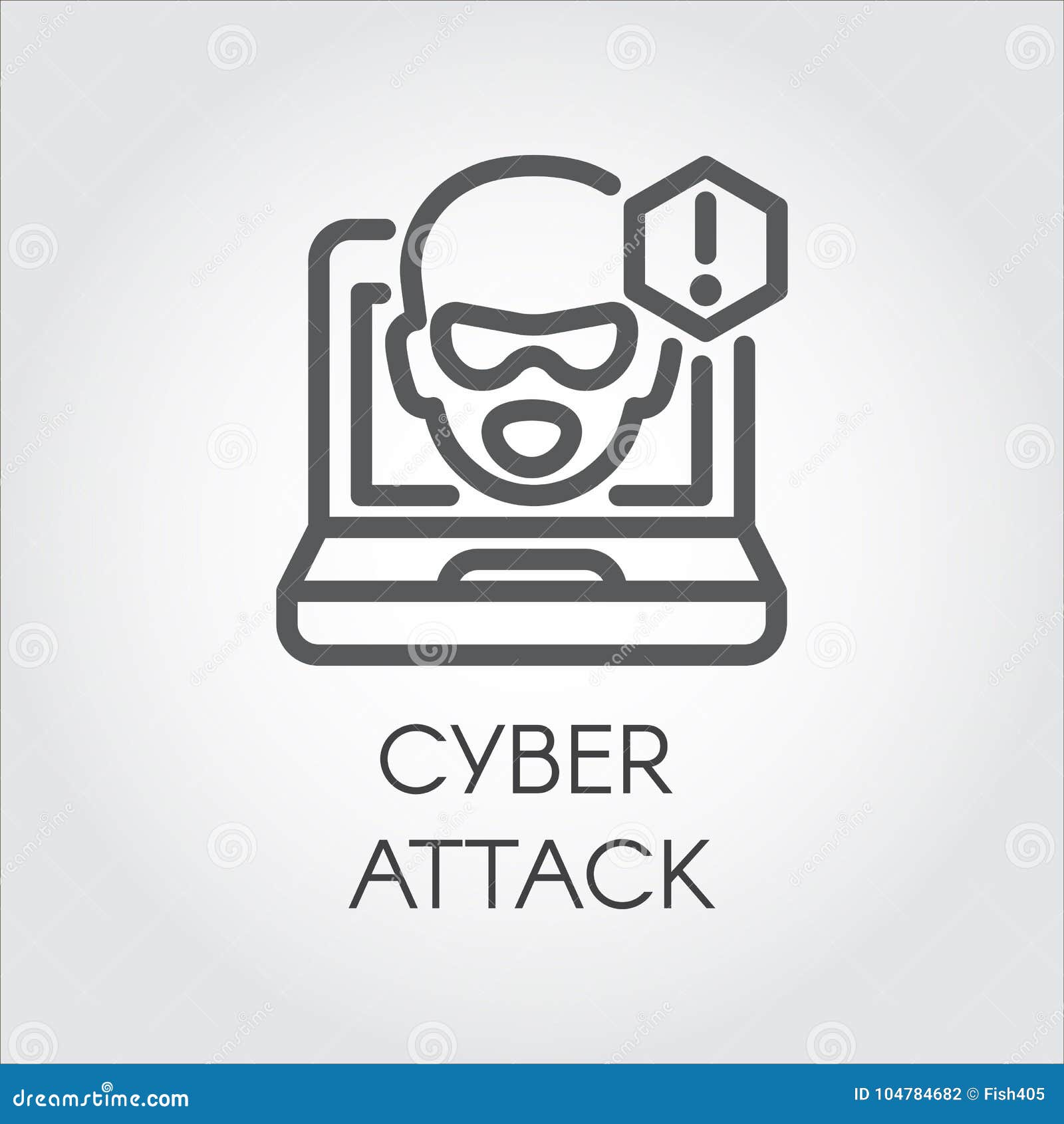 cyber attack line icon. virtual hacking pc, laptop and software linear label. face from monitor and exclamation point
