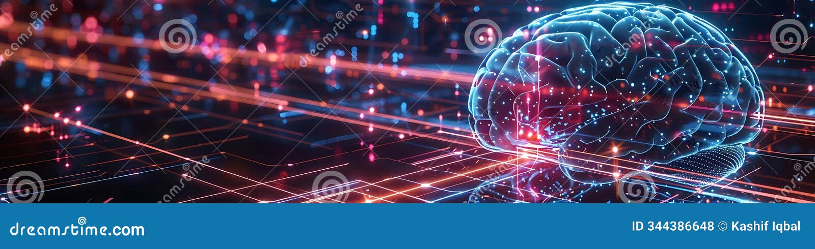 cyber brain connected to a dynamic, glowing tech matrix