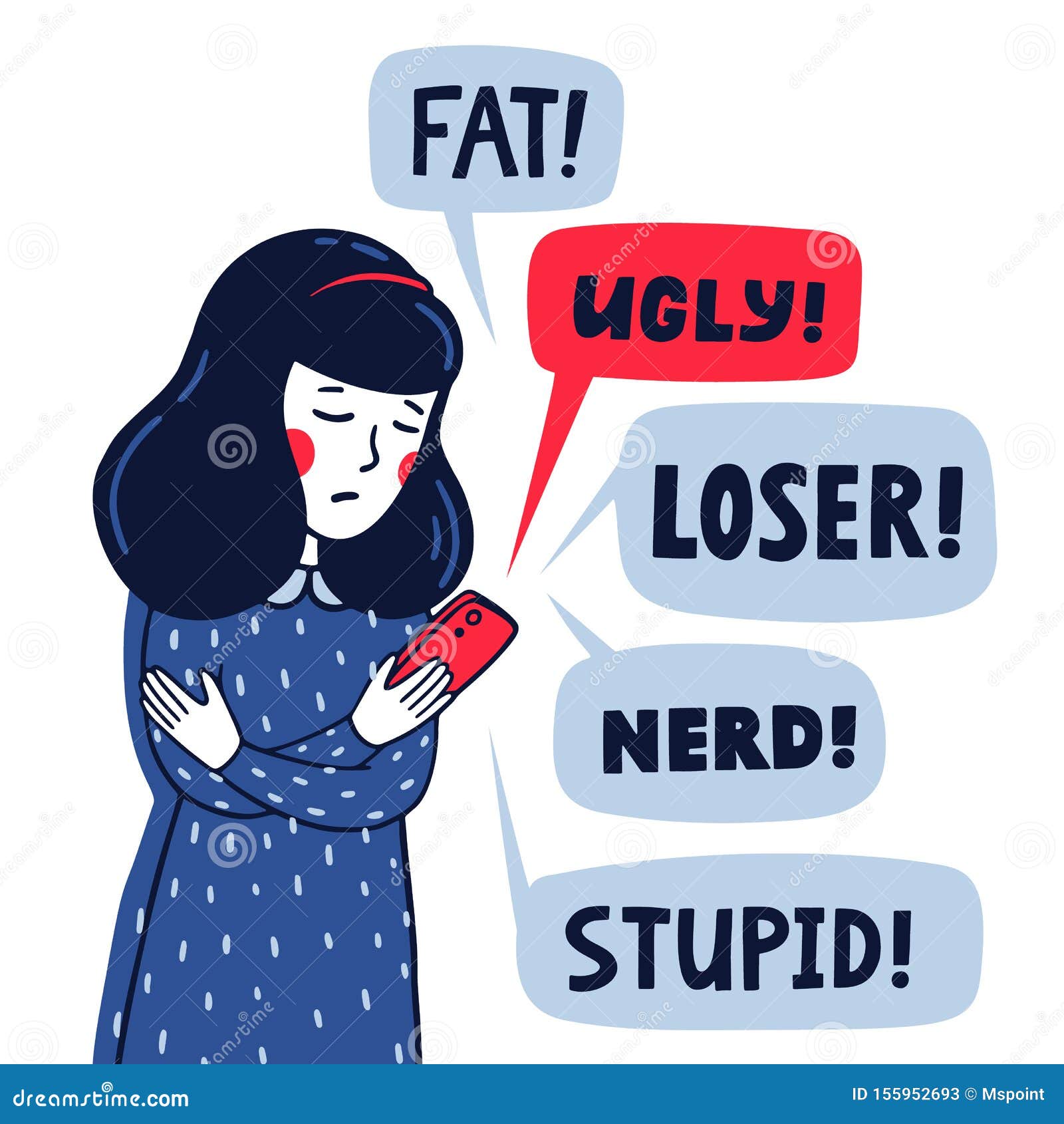 cyber bulling  concept. sad girl reading mean abusive text messages on her phone. flat style  