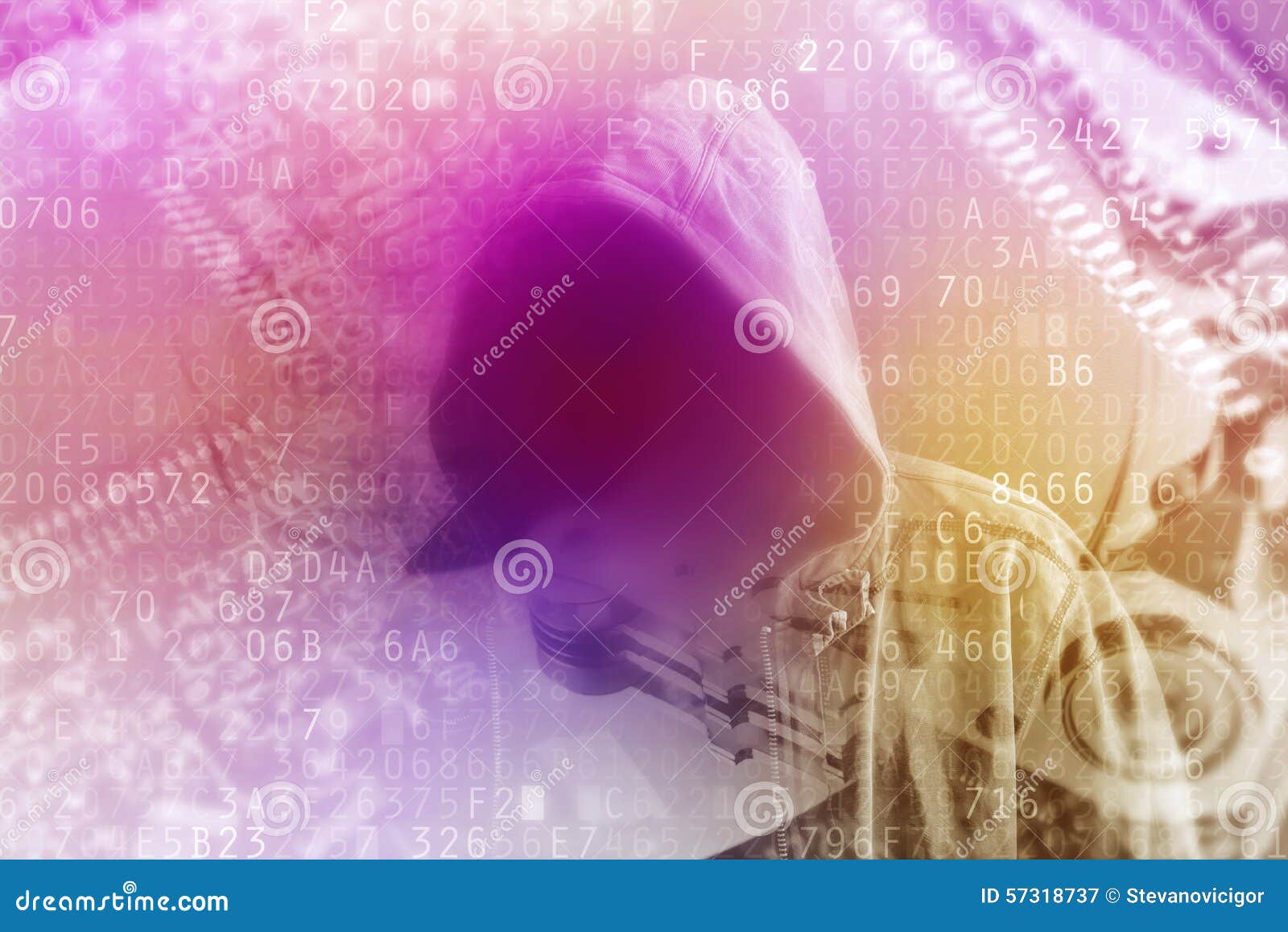 Cyber criminal double exposure. Cyber crime double exposure concept, faceless unknown hooded man with computer technology background