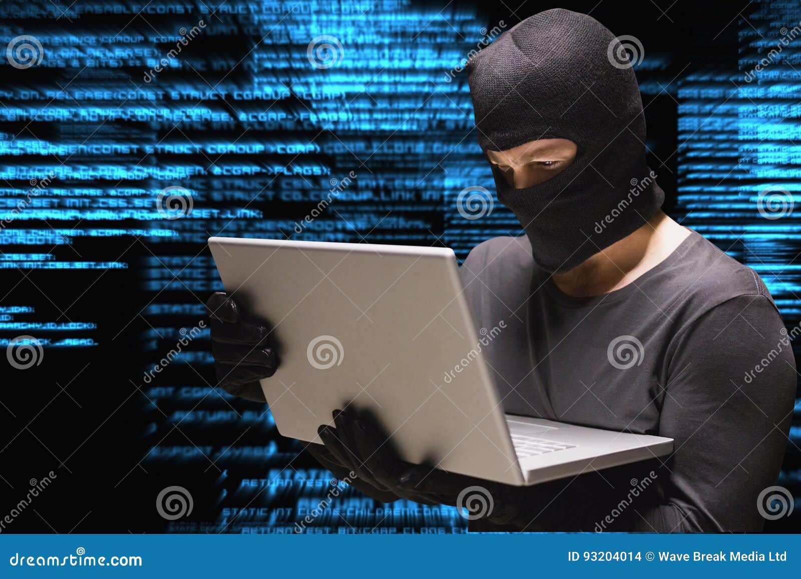 Cyber Criminal is Hacking from a Laptop Against Matrix Code Rain
