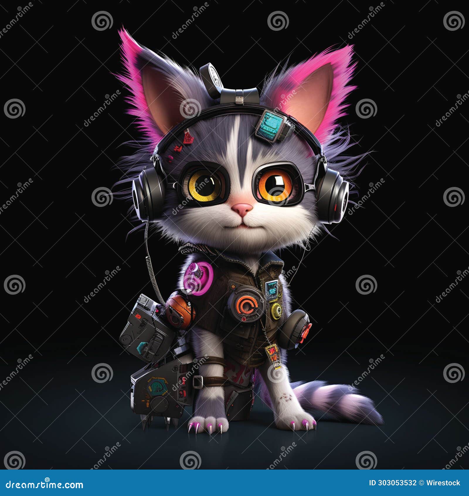 Cyber-Kitty Cute Grey and White Cat on Black Background Stock