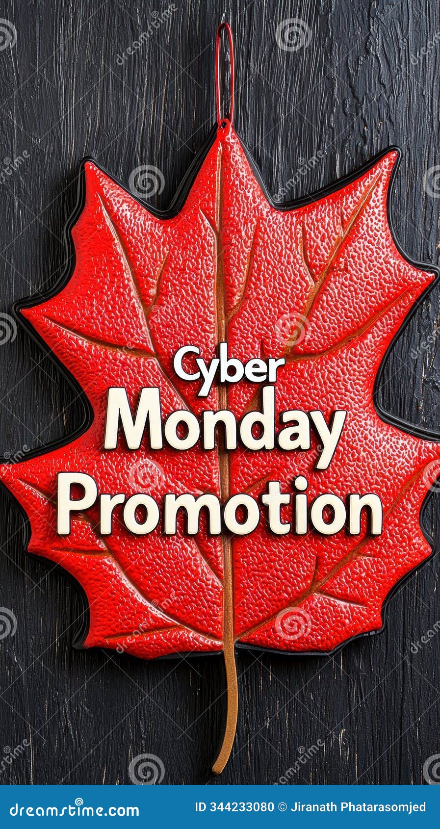 cyber monday promotion sign in red maple leaf , featuring bold text. perfect for seasonal sales