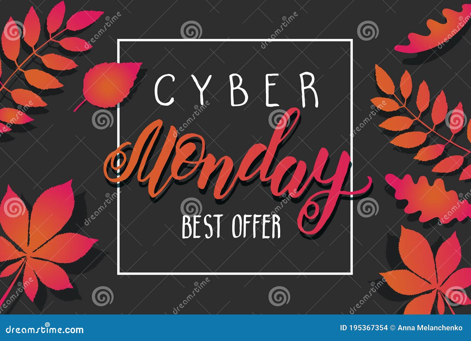 cyber monday sale background with  autumn leaves and handwritting trendy lettering. best offer.  