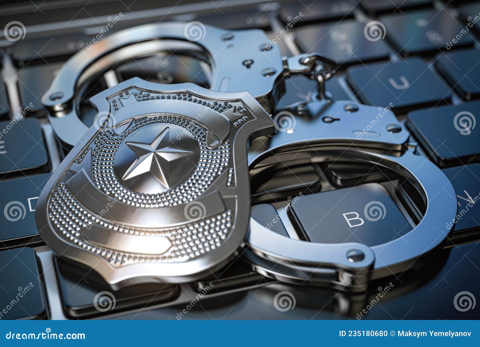 Cyber Police and Internet Crime Concept. Handcuffs and Police Badge on  Computer Keyboard Stock Illustration - Illustration of online, criminal:  235180680