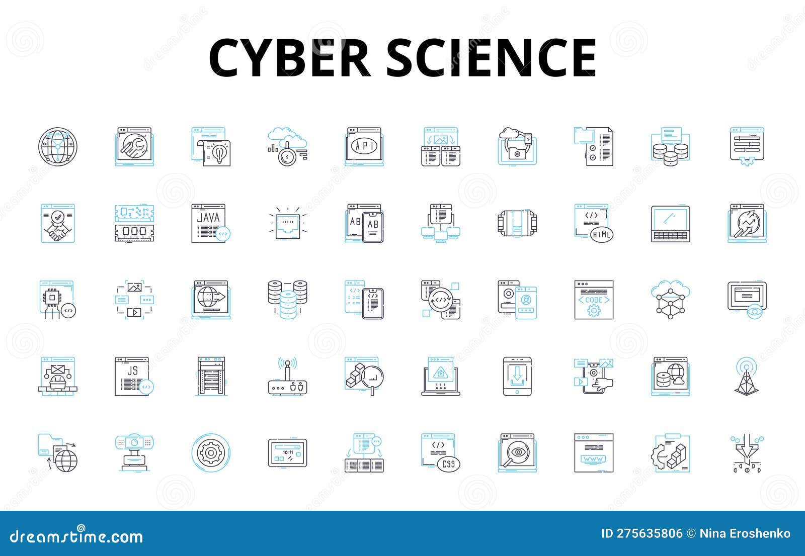 cyber science linear icons set. cybersecurity, encryption, malware, hackers, phishing, cybercrime, firewalls 