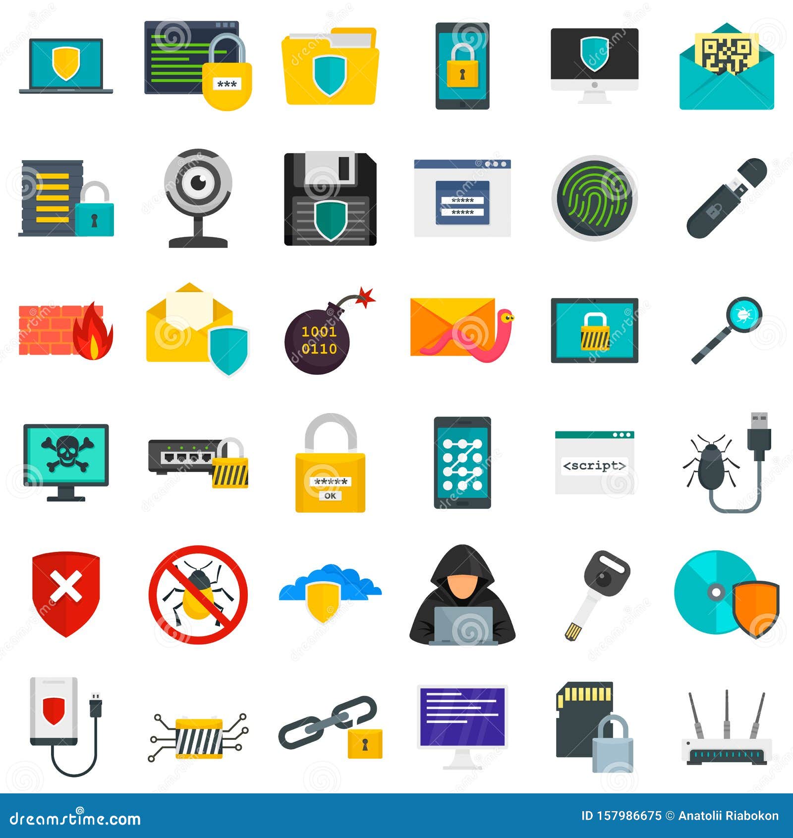 Cyber Security Icon Set Flat Style Stock Vector Illustration Of