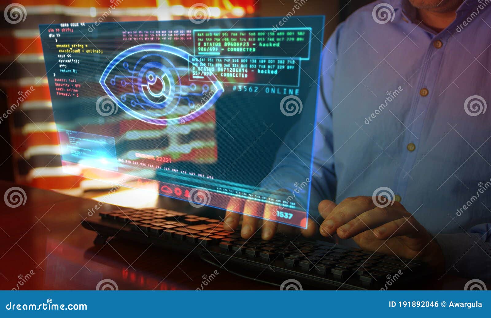 cyber spying hacking and supervise eye  on screen 
