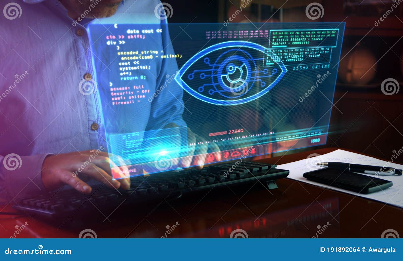 cyber spying hacking and supervise eye  on screen 