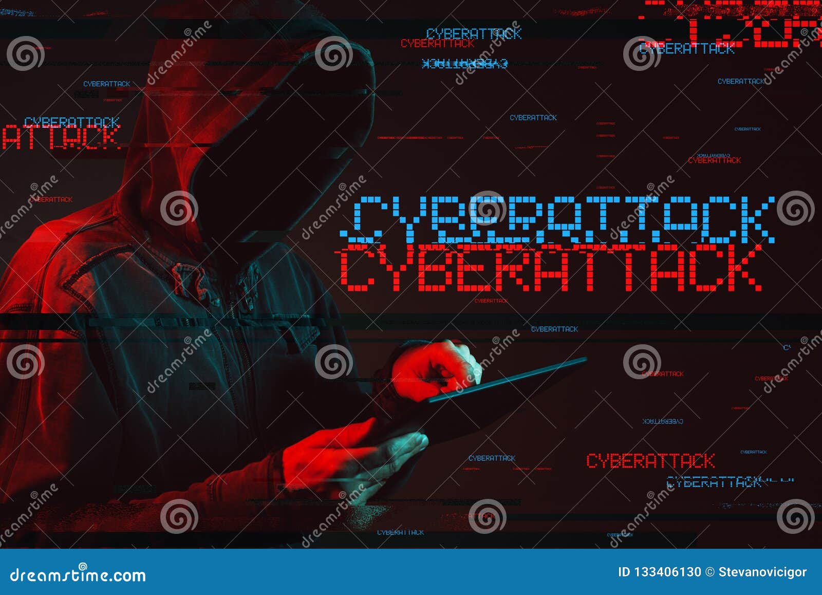 cyberattack concept with faceless hooded male person