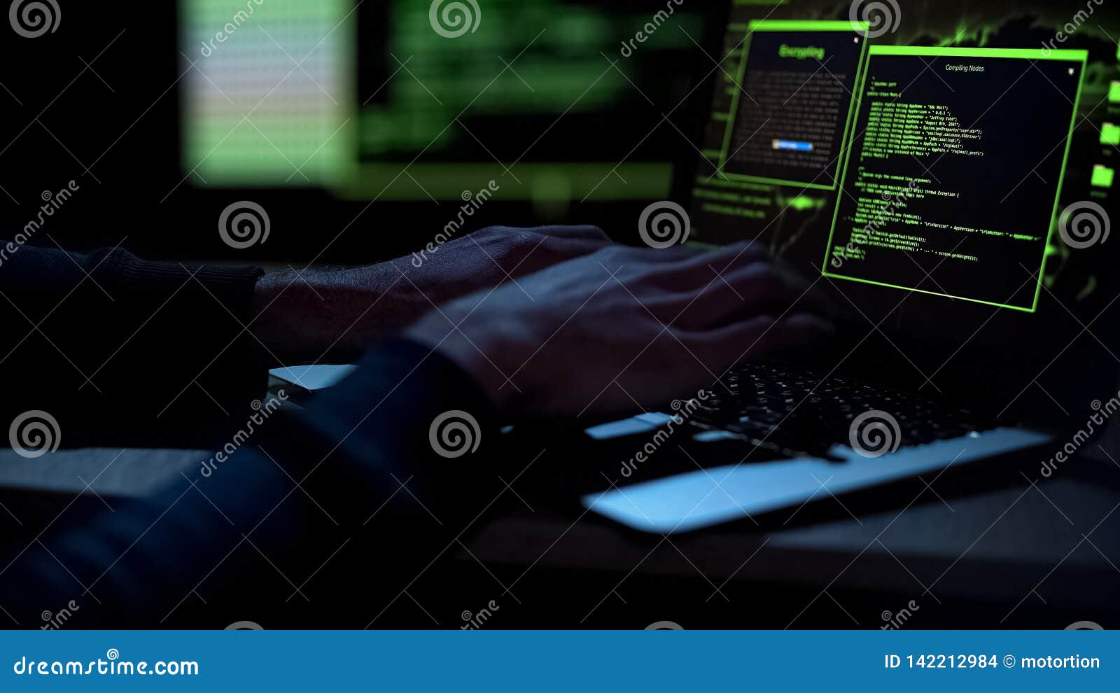 cybercriminal creating malicious software, typing on laptop keypad, closeup