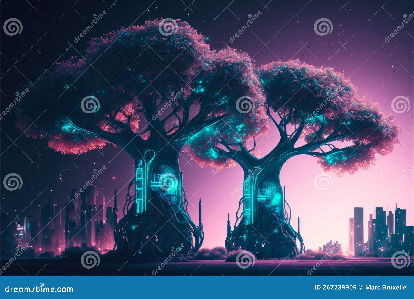 cybernetic trees with organic and mechanical parts