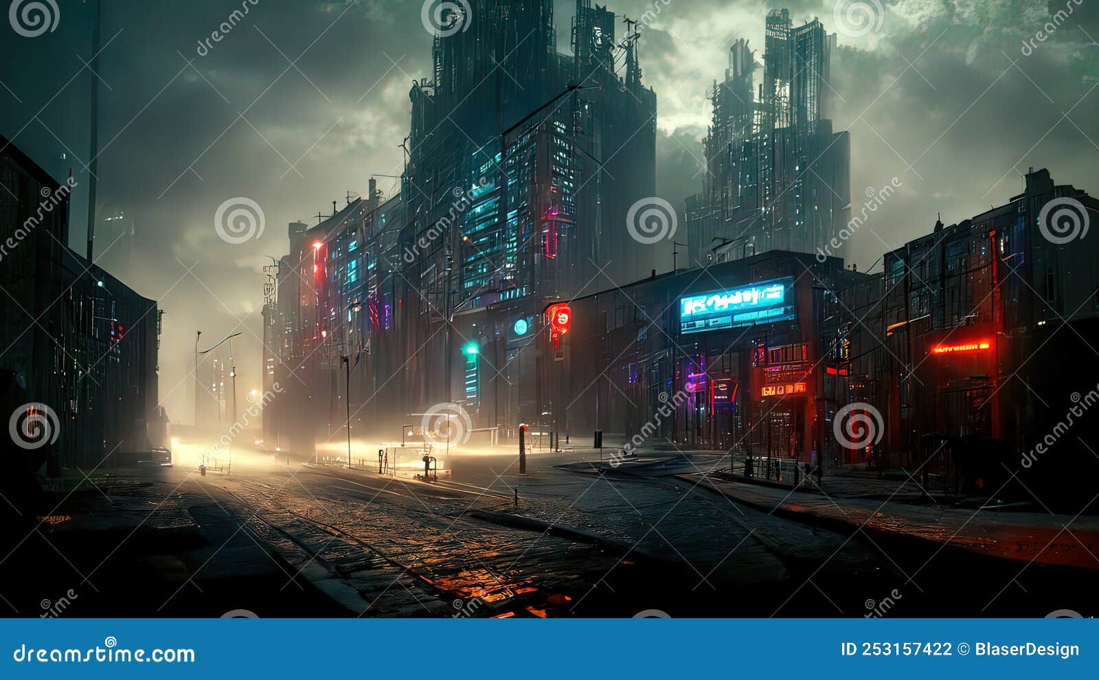 Cyberpunk streets illustration, futuristic city, dystoptic artwork